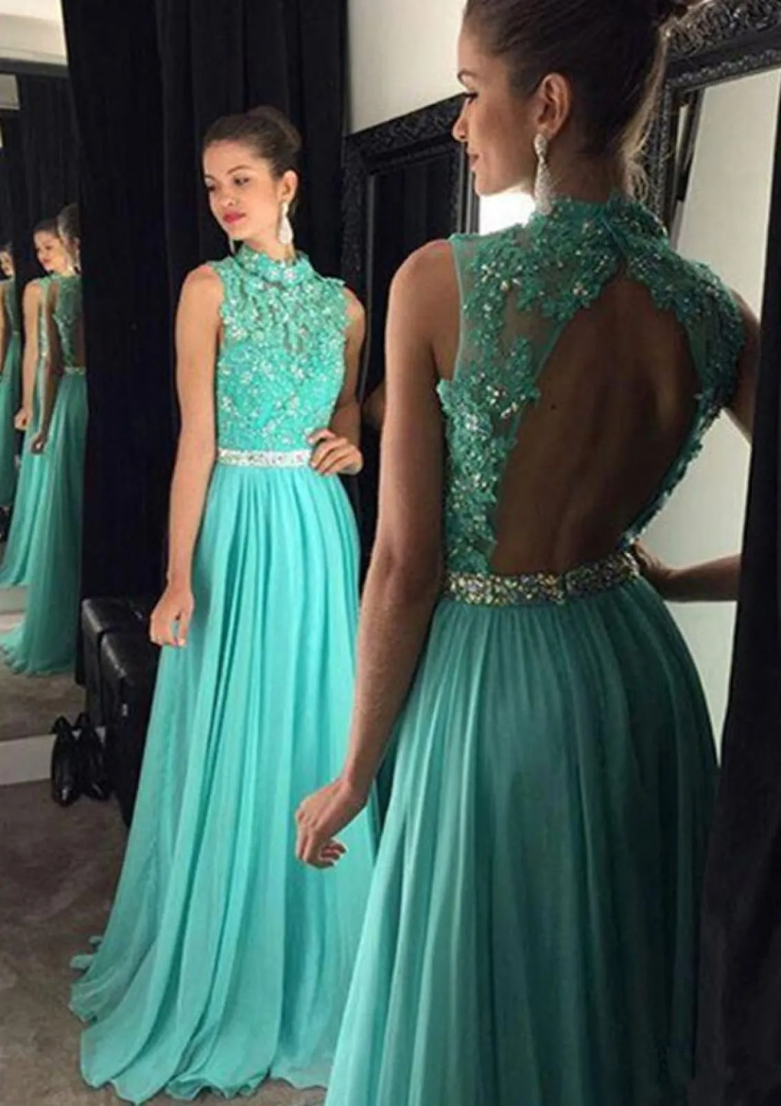 Sleeveless High Neck Floor Length A-line Mint Chiffon Formal Dress