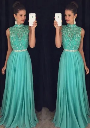 Sleeveless High Neck Floor Length A-line Mint Chiffon Formal Dress