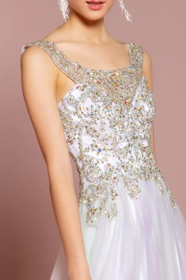 Sleeveless Tulle Long Dress with Bead Embellished Bodice and Neckline