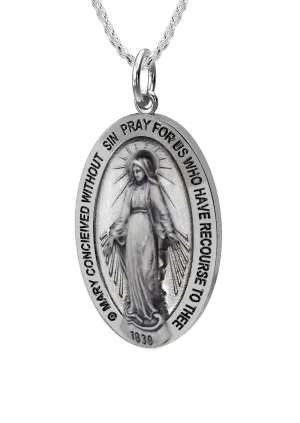 Small Ladies 925 Sterling Silver Oval Miraculous Virgin Mary Antique Finish Pendant Necklace, 21mm