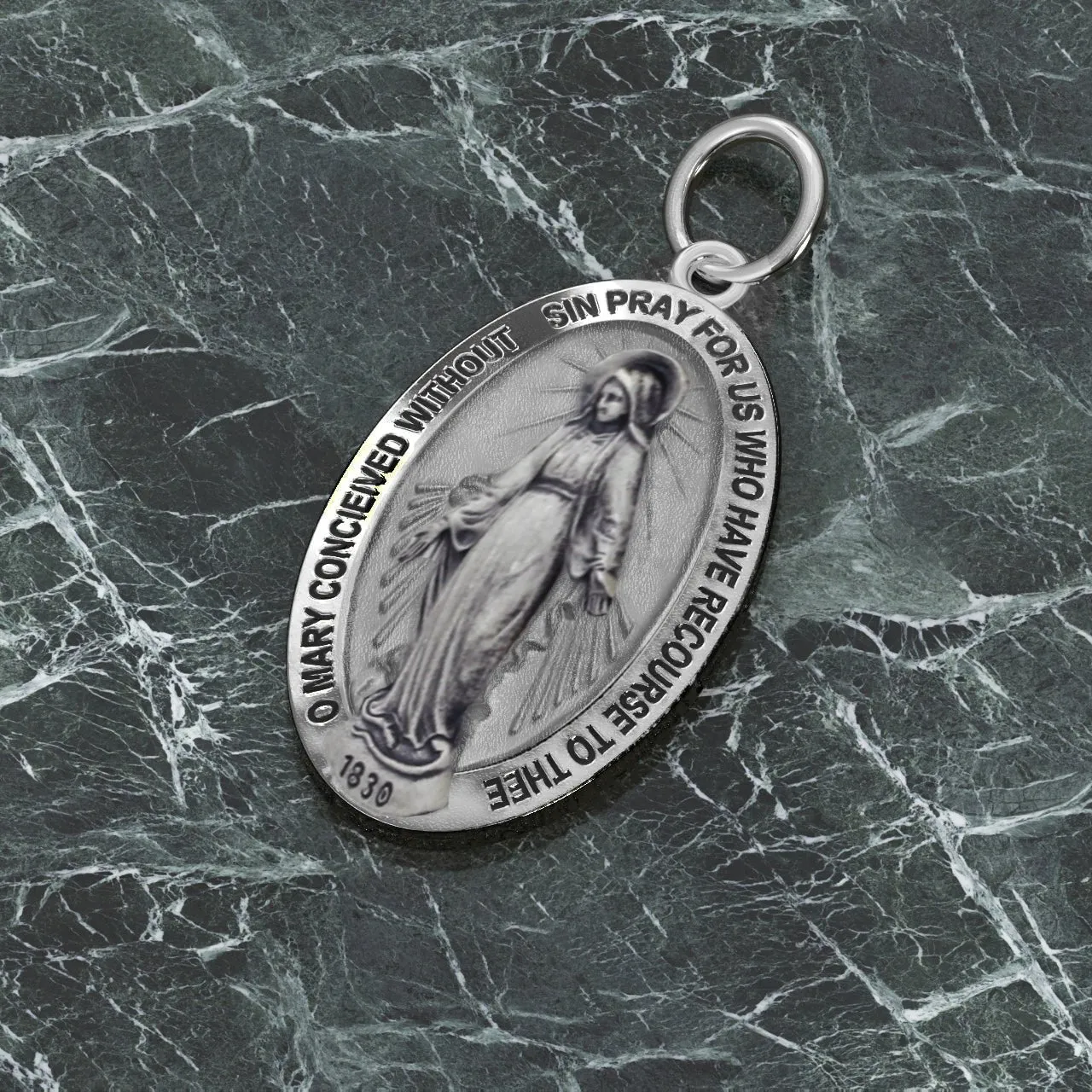 Small Ladies 925 Sterling Silver Oval Miraculous Virgin Mary Antique Finish Pendant Necklace, 21mm