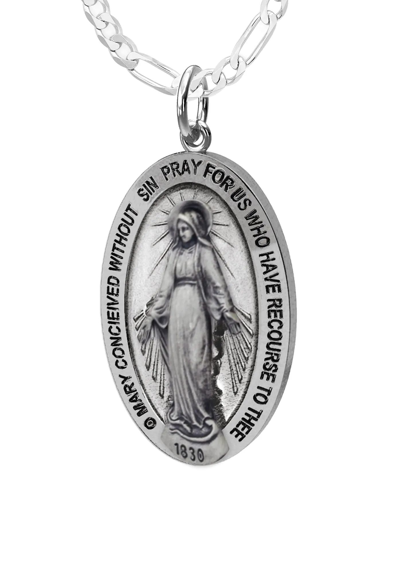 Small Ladies 925 Sterling Silver Oval Miraculous Virgin Mary Antique Finish Pendant Necklace, 21mm