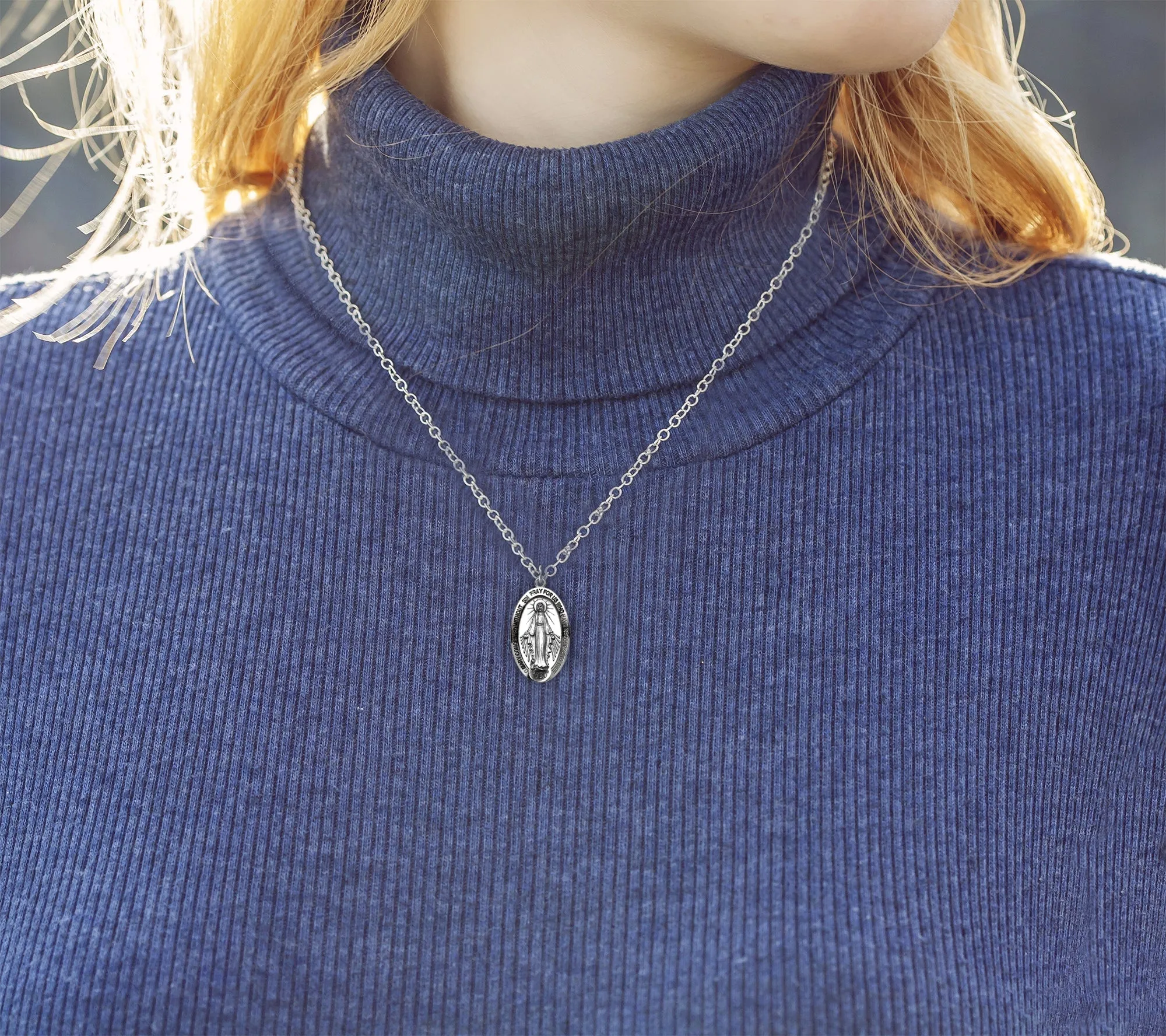 Small Ladies 925 Sterling Silver Oval Miraculous Virgin Mary Antique Finish Pendant Necklace, 21mm