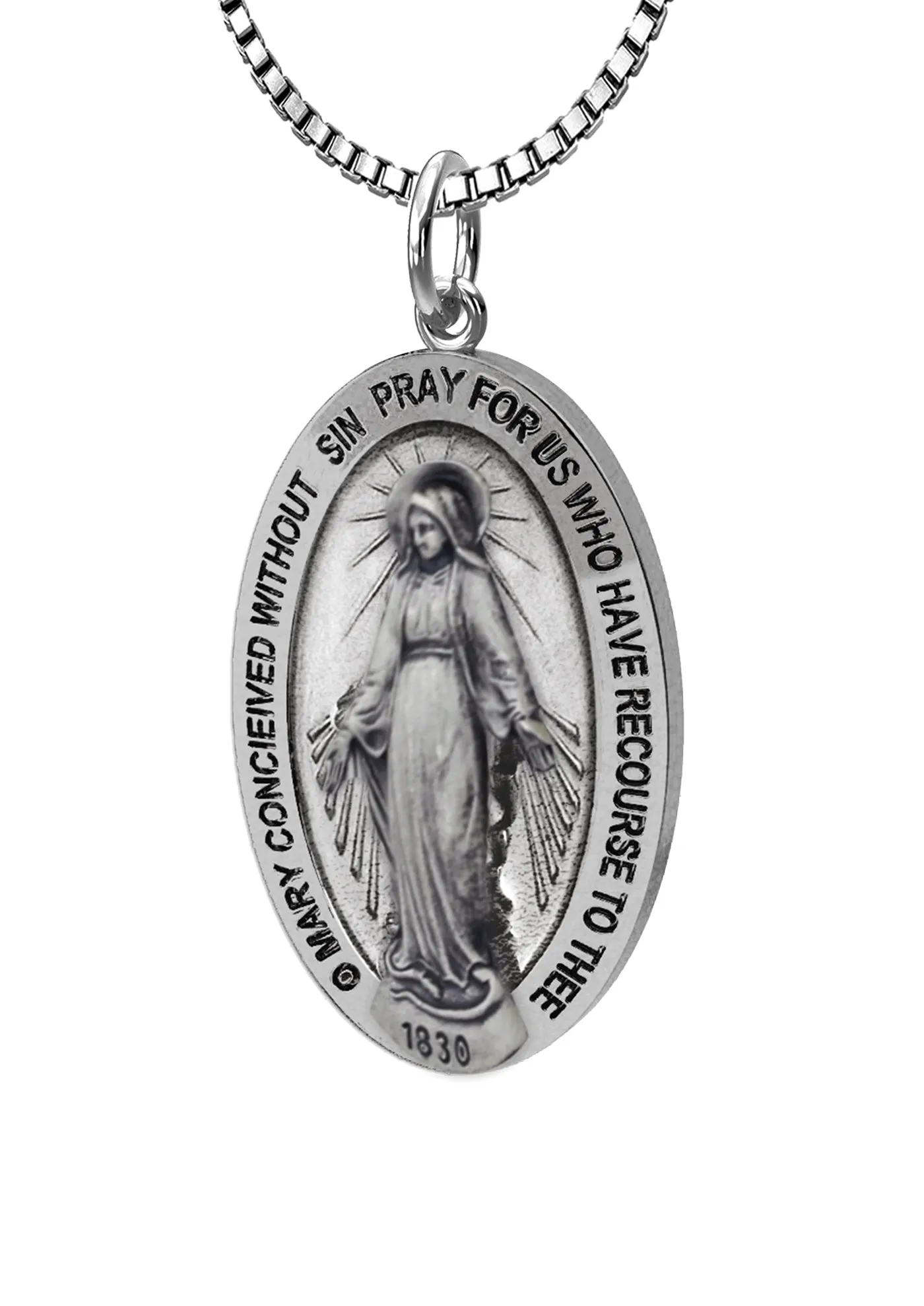 Small Ladies 925 Sterling Silver Oval Miraculous Virgin Mary Antique Finish Pendant Necklace, 21mm