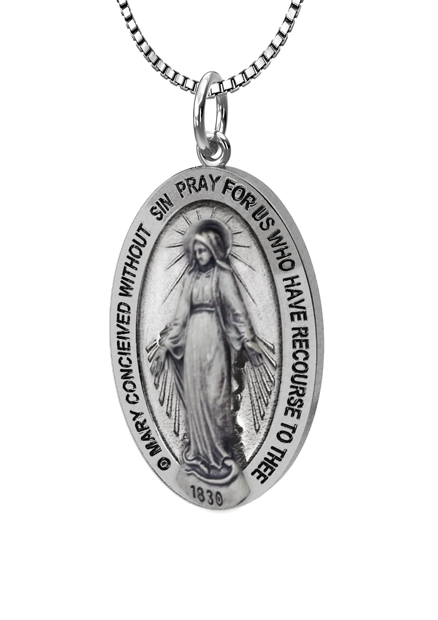 Small Ladies 925 Sterling Silver Oval Miraculous Virgin Mary Antique Finish Pendant Necklace, 21mm
