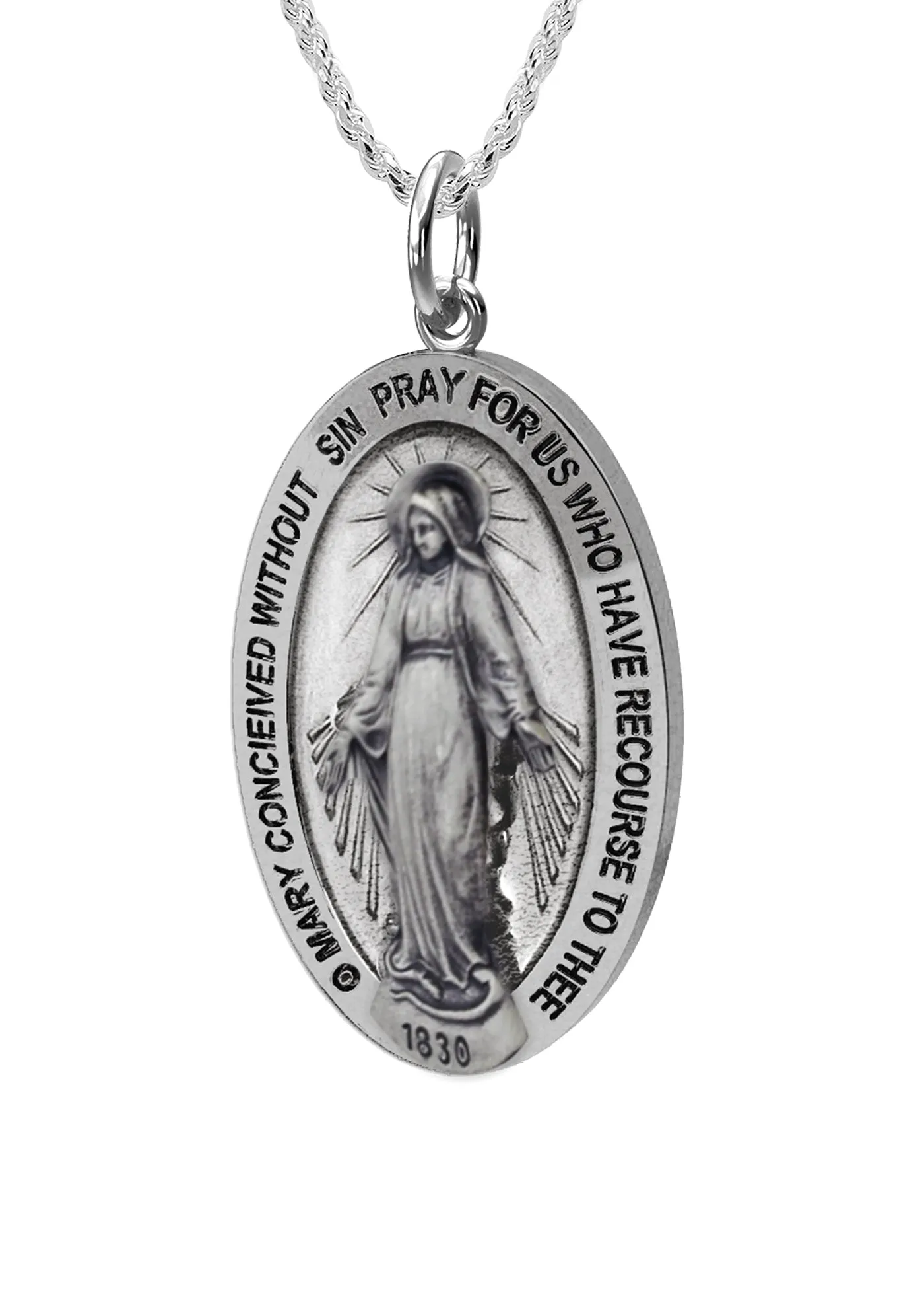 Small Ladies 925 Sterling Silver Oval Miraculous Virgin Mary Antique Finish Pendant Necklace, 21mm