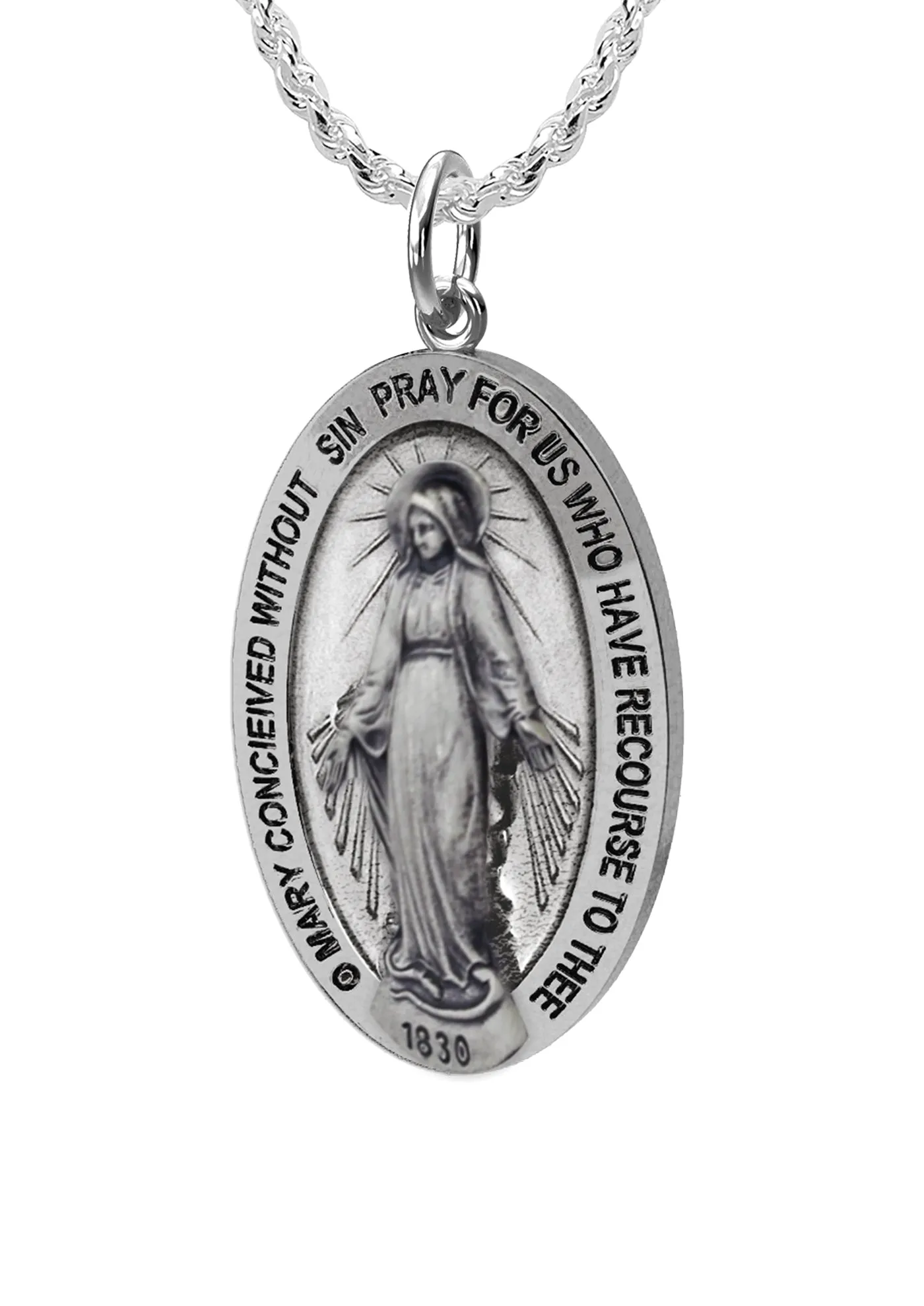 Small Ladies 925 Sterling Silver Oval Miraculous Virgin Mary Antique Finish Pendant Necklace, 21mm