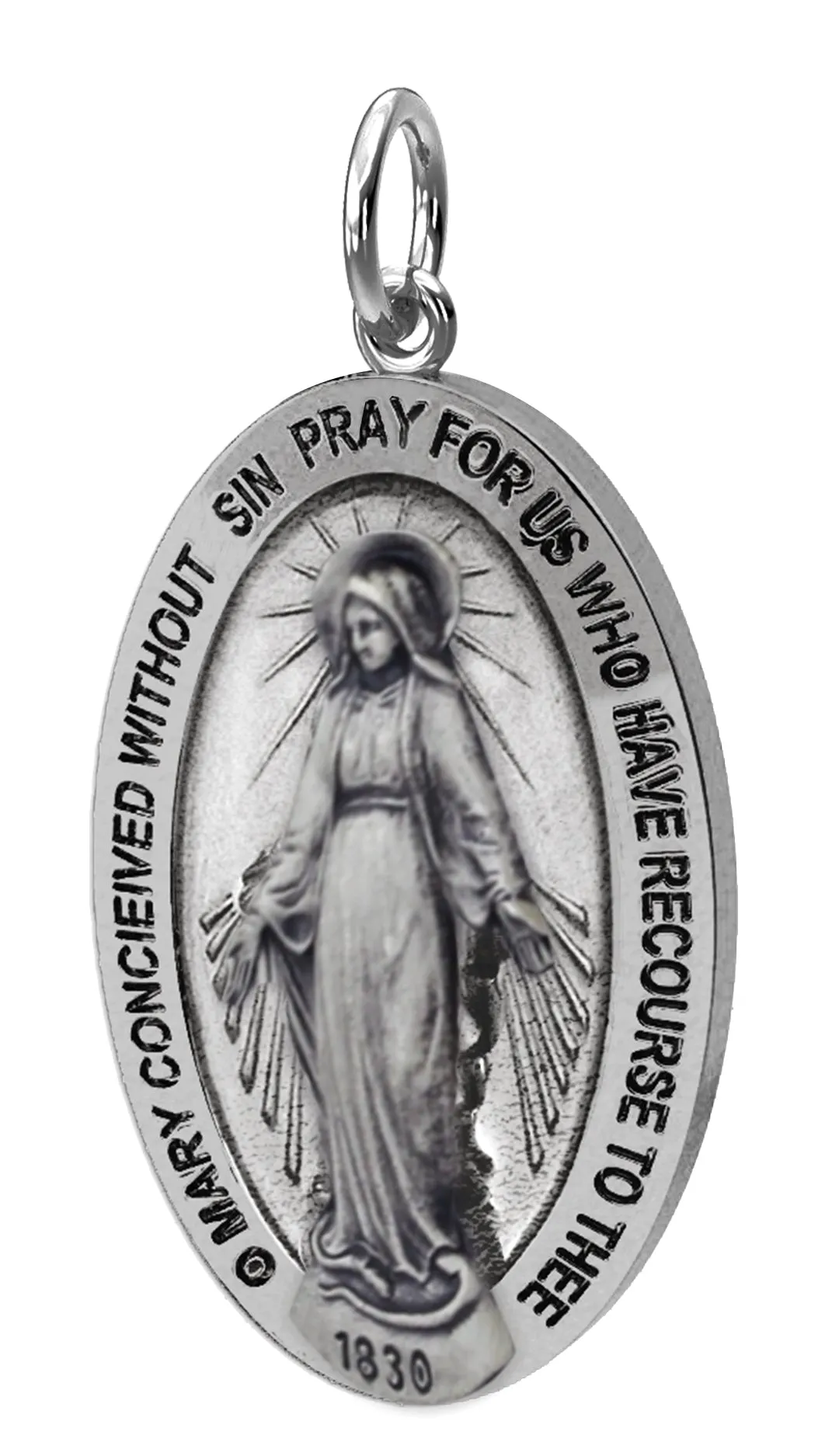 Small Ladies 925 Sterling Silver Oval Miraculous Virgin Mary Antique Finish Pendant Necklace, 21mm