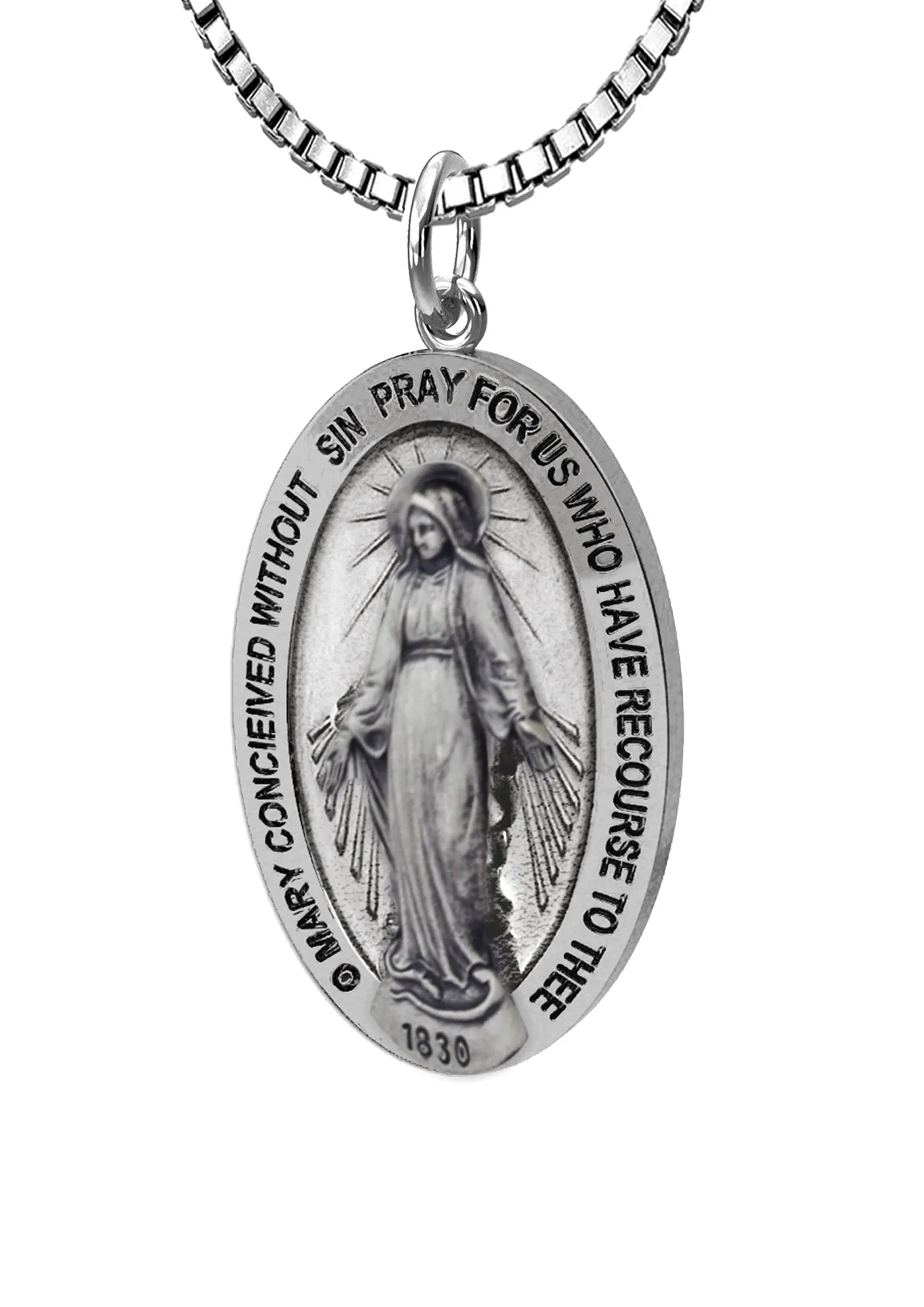 Small Ladies 925 Sterling Silver Oval Miraculous Virgin Mary Antique Finish Pendant Necklace, 21mm