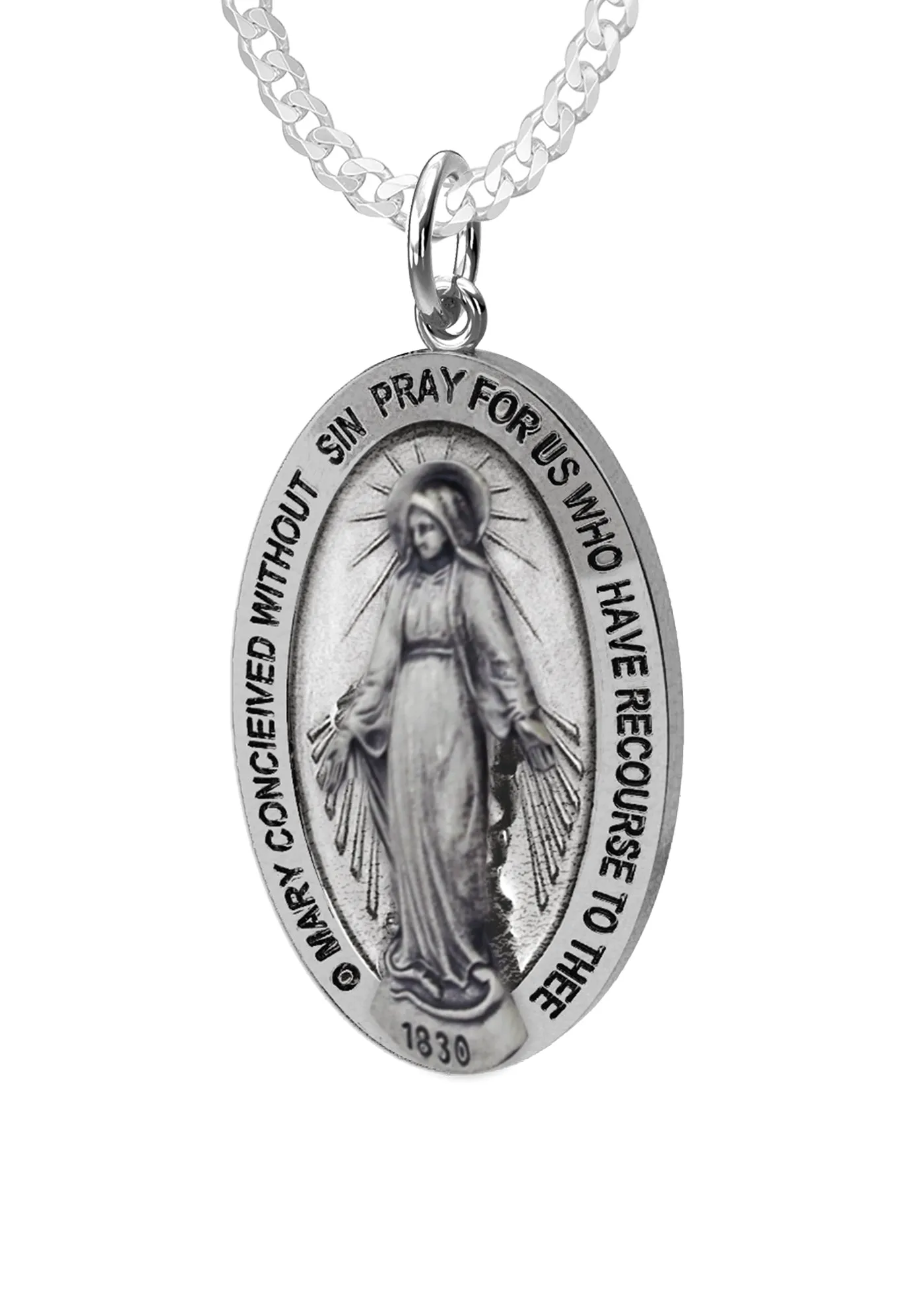 Small Ladies 925 Sterling Silver Oval Miraculous Virgin Mary Antique Finish Pendant Necklace, 21mm