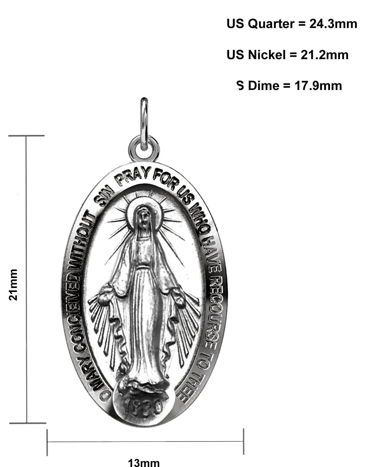 Small Ladies 925 Sterling Silver Oval Miraculous Virgin Mary Antique Finish Pendant Necklace, 21mm