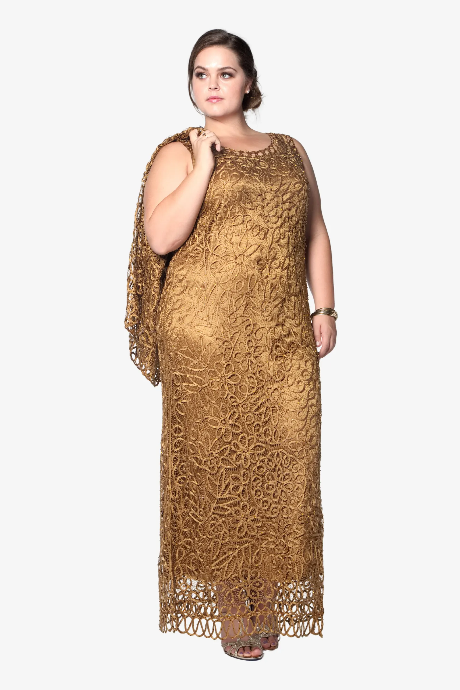 Soulmates C12016 Beaded Silk Lace 2-Piece Maxi Dress - Copper
