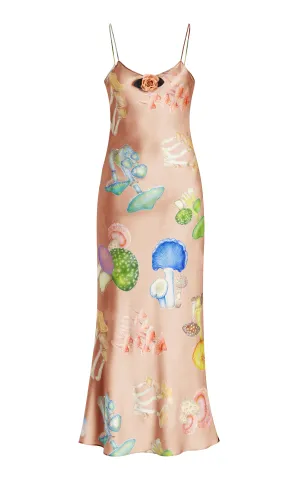 Tan Mushroom Printed Silk Satin Slip Dress