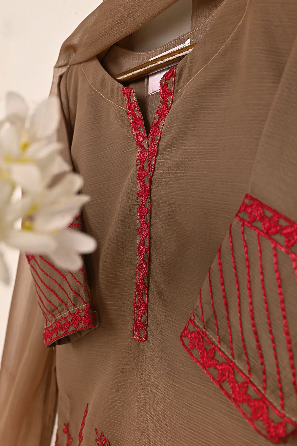 TKF-148-Khaaki - Kids 3Pc Chiffon Embroidered Formal Dress