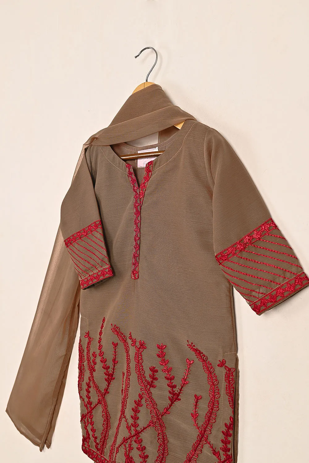 TKF-148-Khaaki - Kids 3Pc Chiffon Embroidered Formal Dress