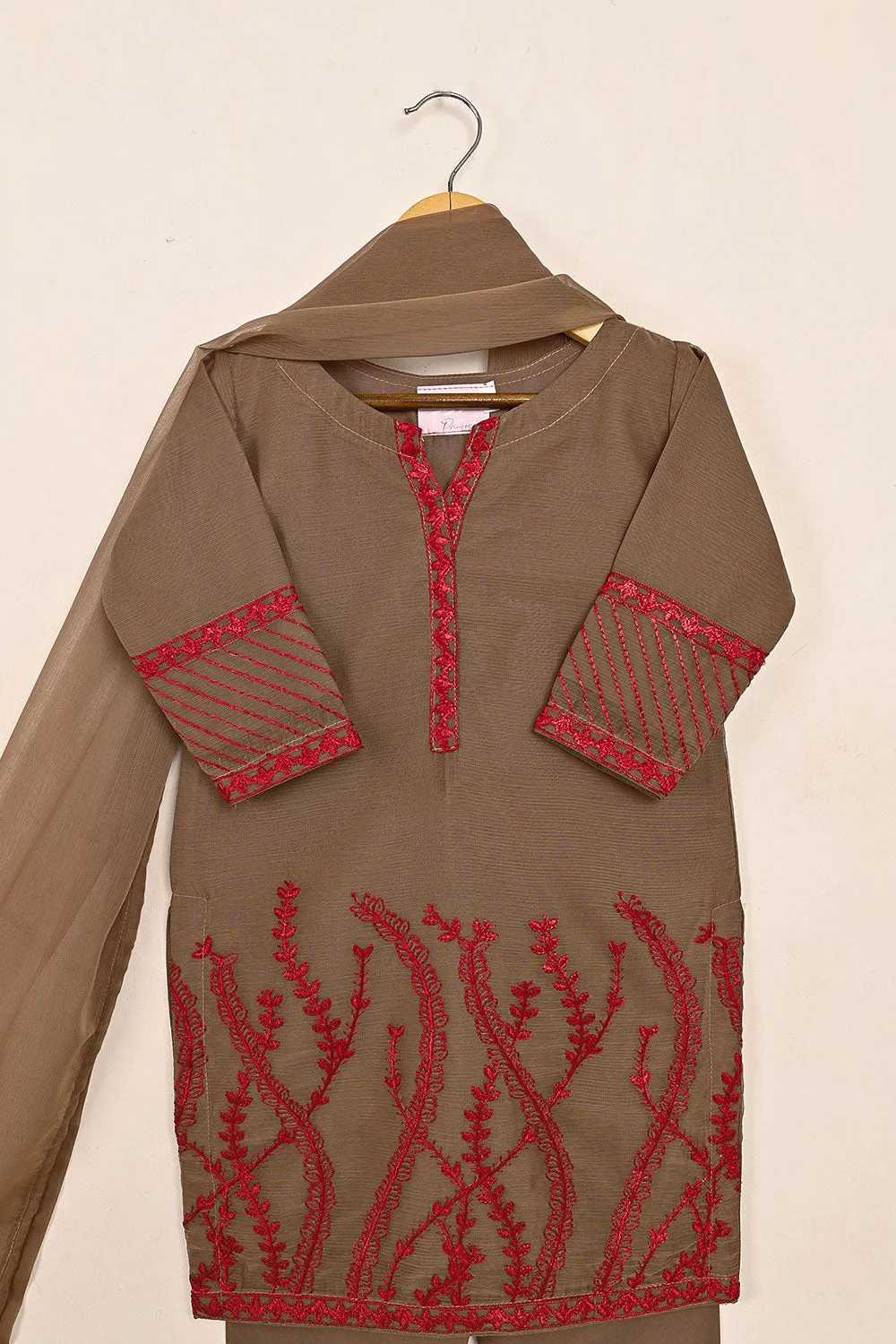 TKF-148-Khaaki - Kids 3Pc Chiffon Embroidered Formal Dress