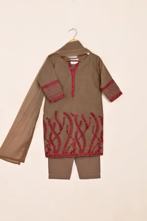 TKF-148-Khaaki - Kids 3Pc Chiffon Embroidered Formal Dress