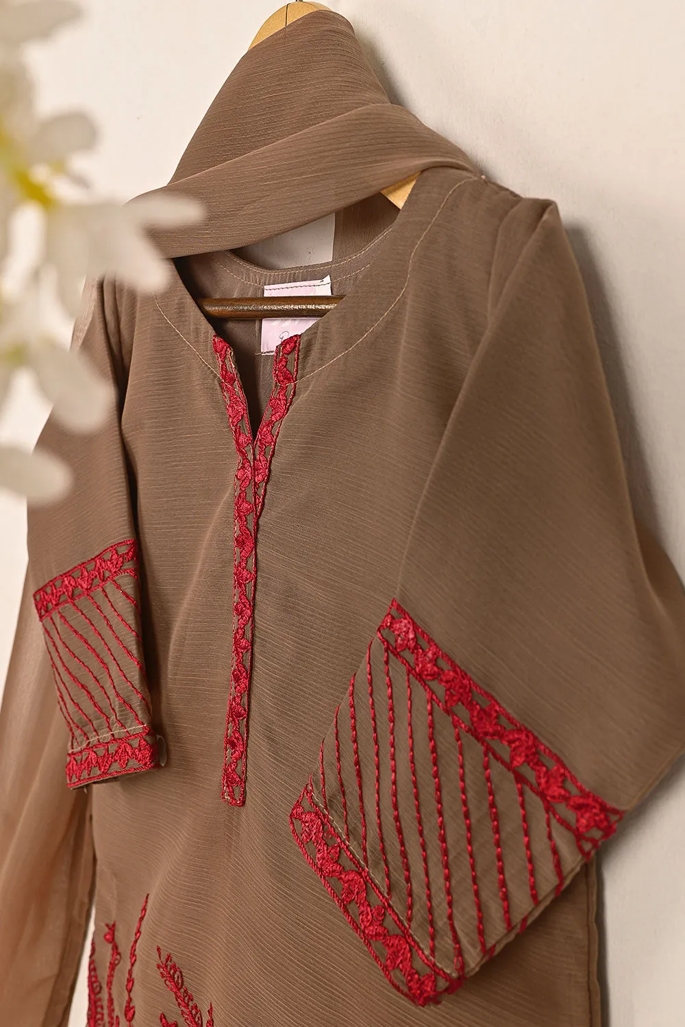 TKF-148-Khaaki - Kids 3Pc Chiffon Embroidered Formal Dress