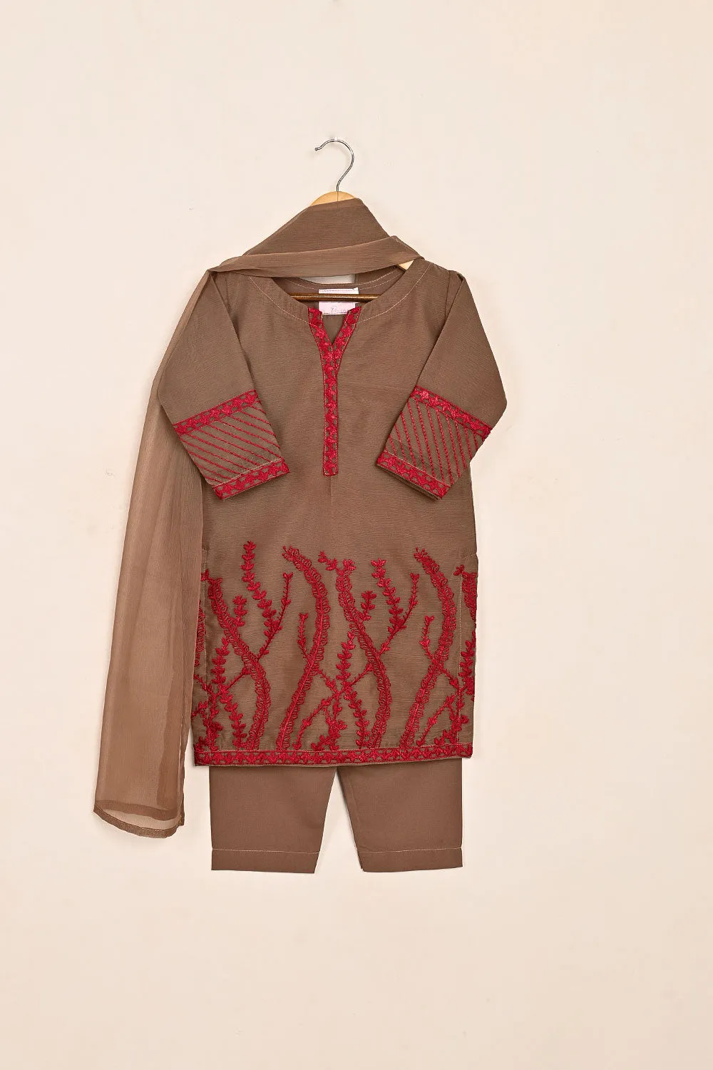 TKF-148-Khaaki - Kids 3Pc Chiffon Embroidered Formal Dress