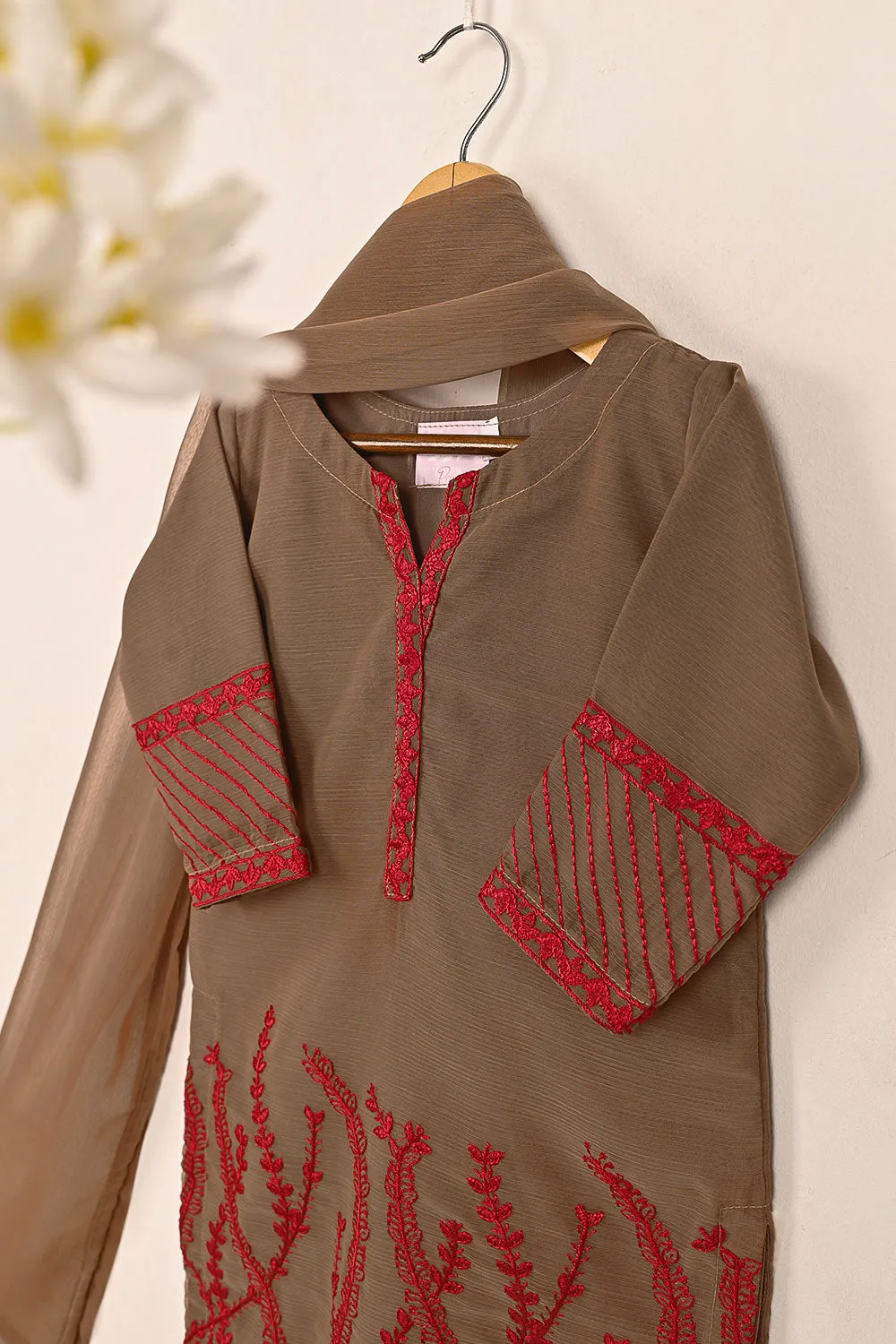 TKF-148-Khaaki - Kids 3Pc Chiffon Embroidered Formal Dress