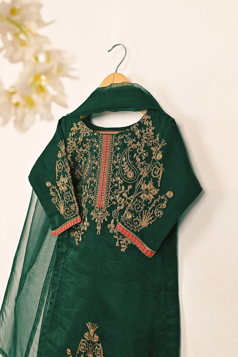 TKF-149-Green - Kids 3Pc Organza Embroidered Formal Dress