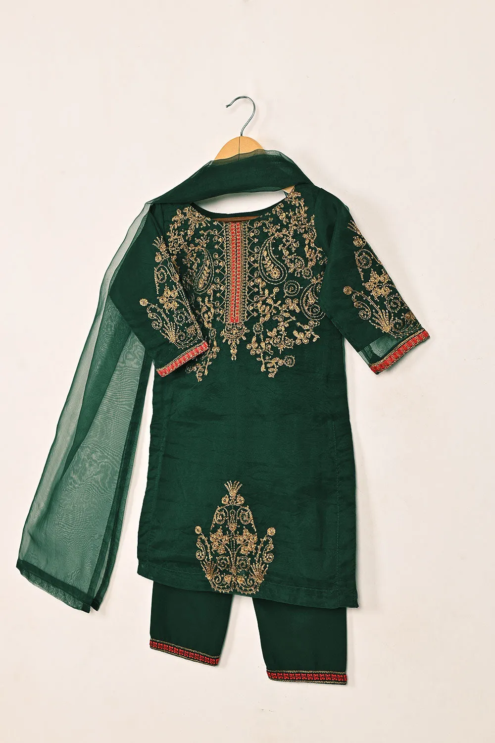 TKF-149-Green - Kids 3Pc Organza Embroidered Formal Dress