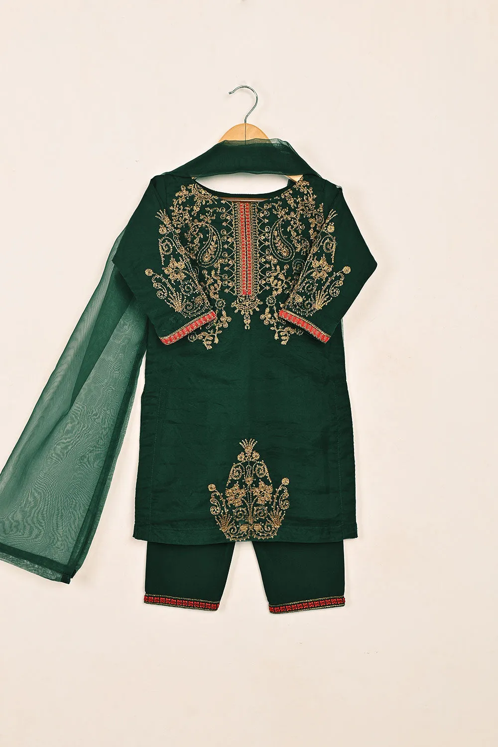TKF-149-Green - Kids 3Pc Organza Embroidered Formal Dress