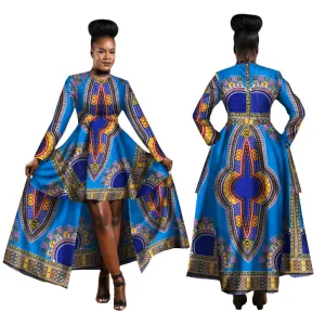 Traditional African Dashiki Ankara Kitenge Wax Print Batik Long Sleeve Above Knee Dress With Waist Cape