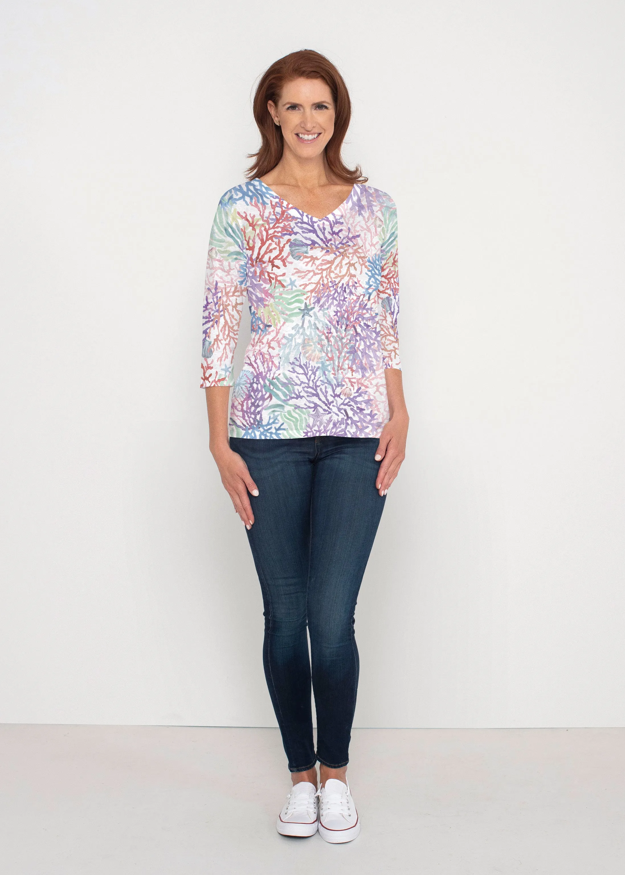 Tropic Coral (8112) ~ Signature 3/4 Sleeve V-Neck Top