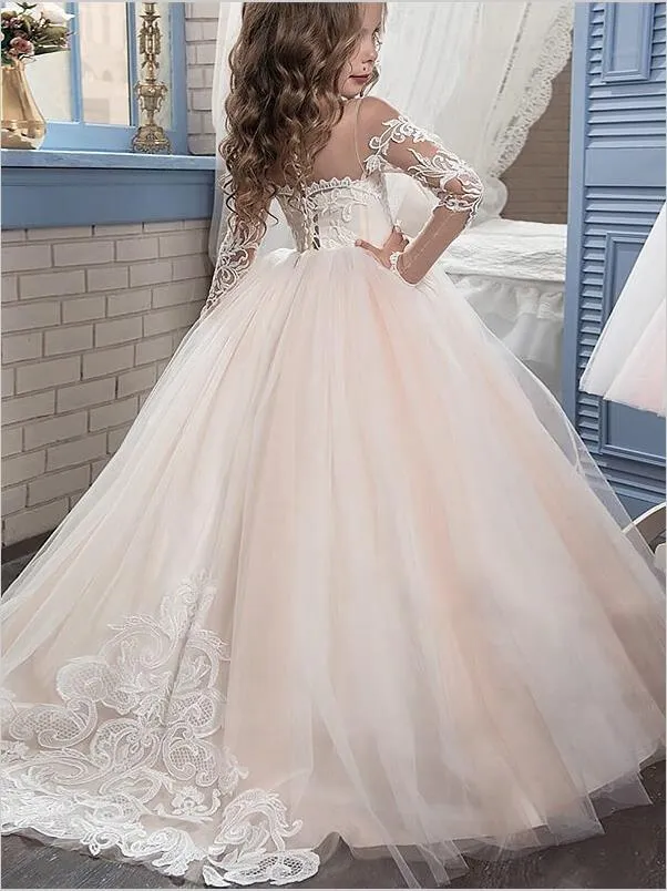 Tulle Scoop Long Sleeves Flower Girl Dresses Floor Length Ball Gown