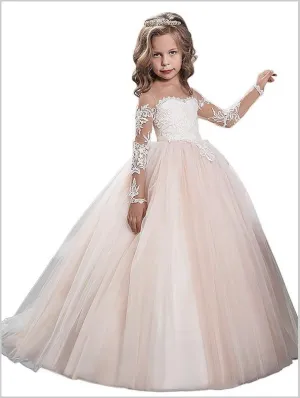 Tulle Scoop Long Sleeves Flower Girl Dresses Floor Length Ball Gown