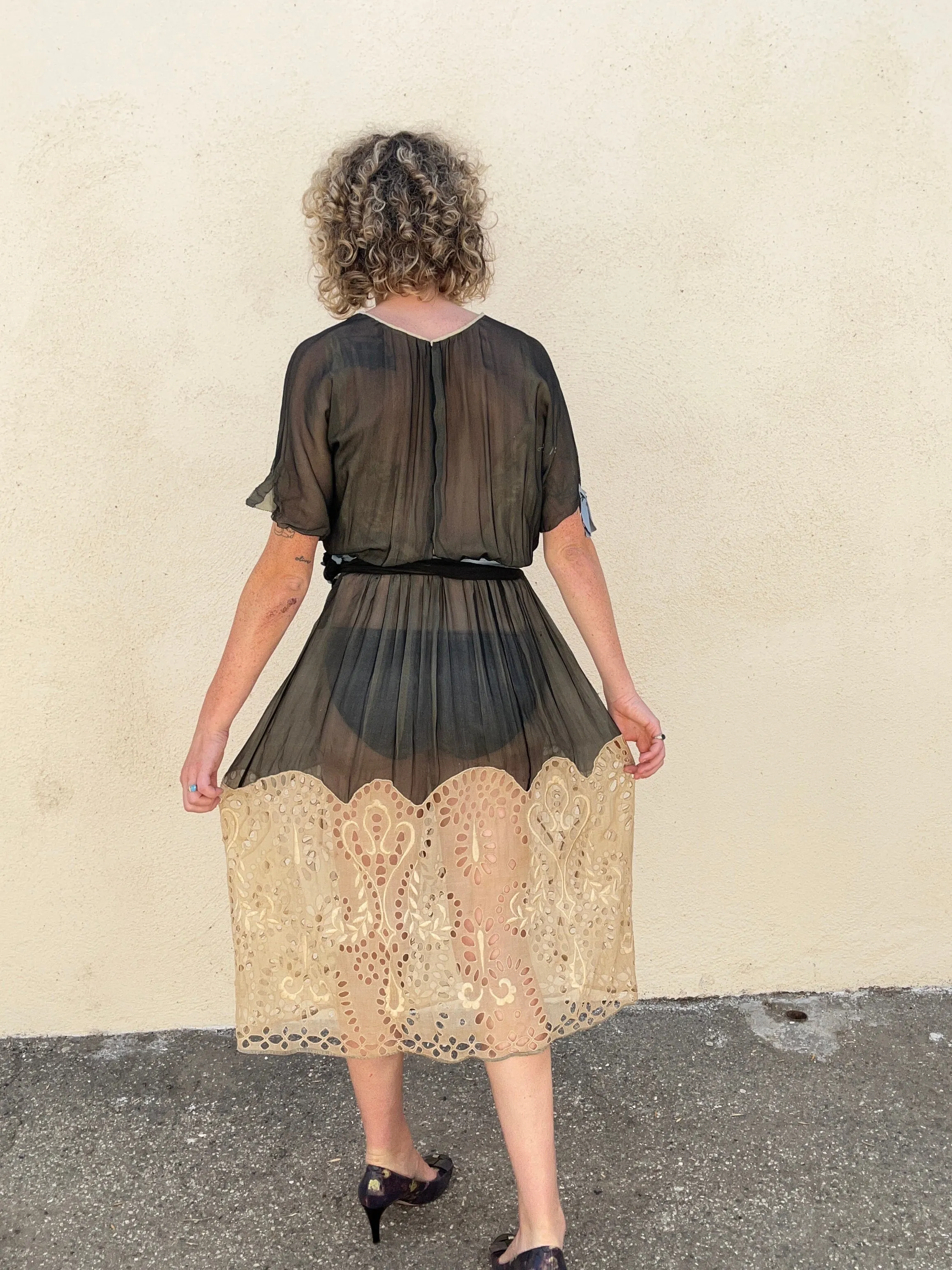 Victorian Black Crepe Silk Dress with Eyelet Lace Bottom