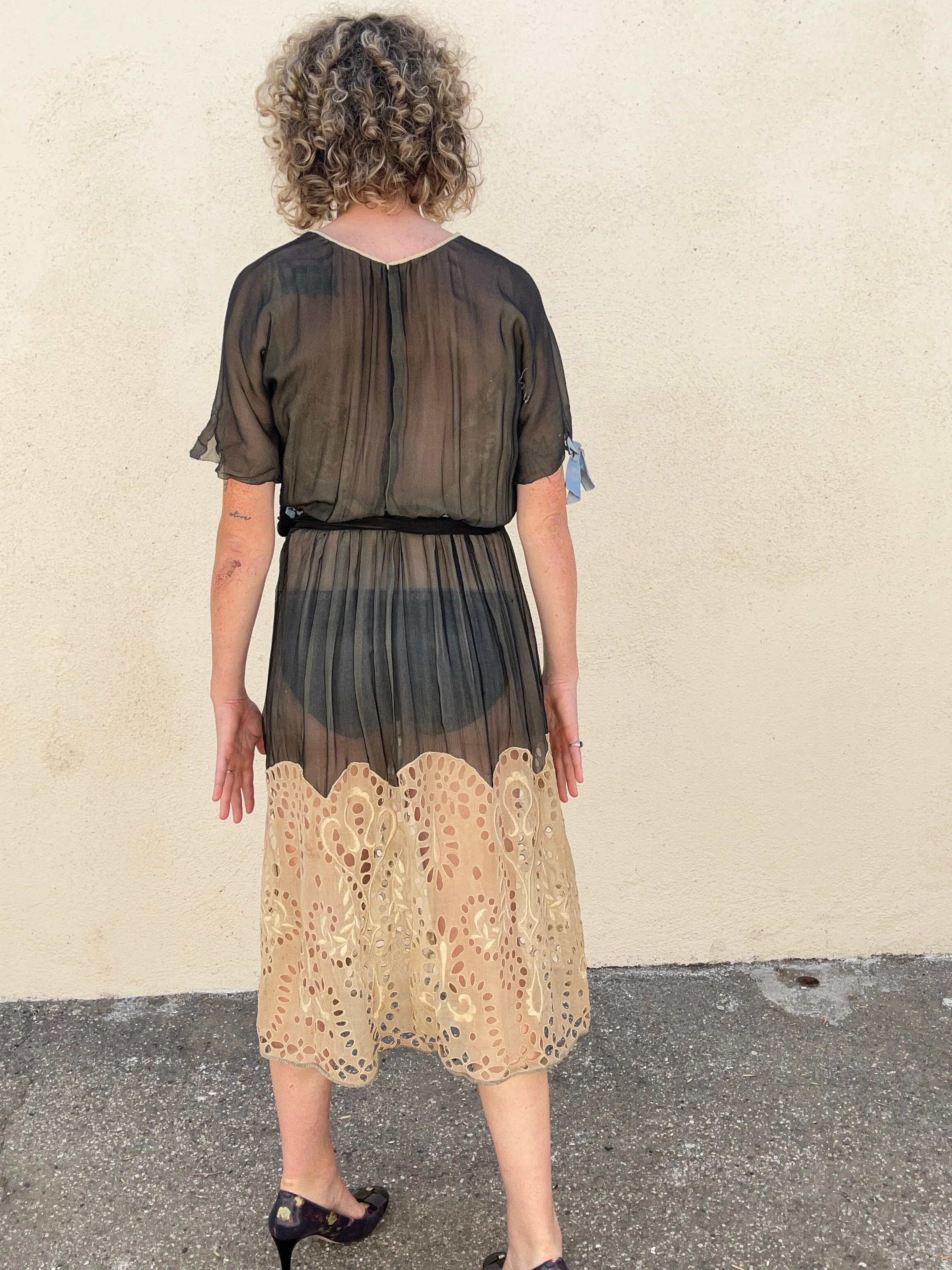 Victorian Black Crepe Silk Dress with Eyelet Lace Bottom