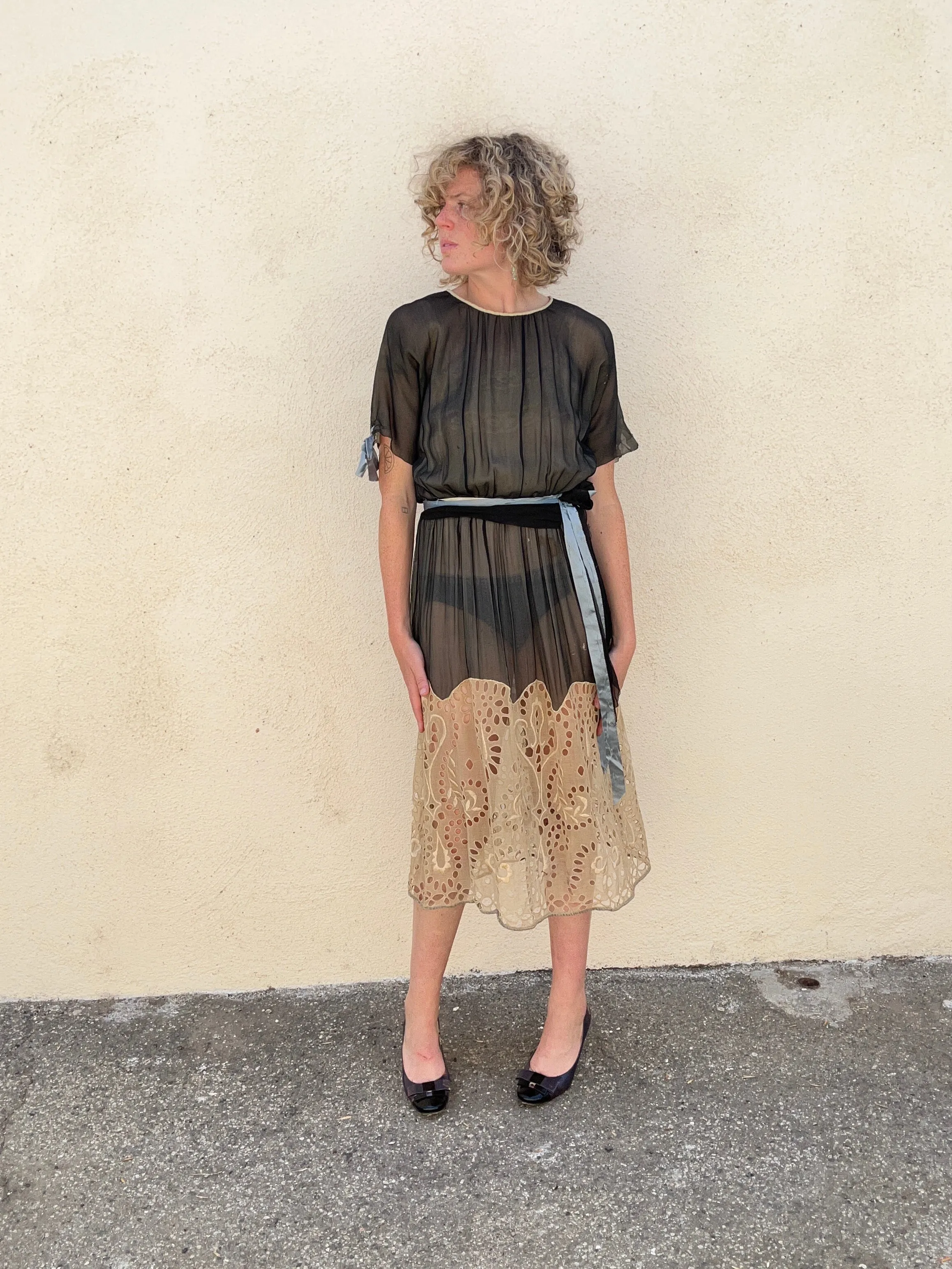 Victorian Black Crepe Silk Dress with Eyelet Lace Bottom