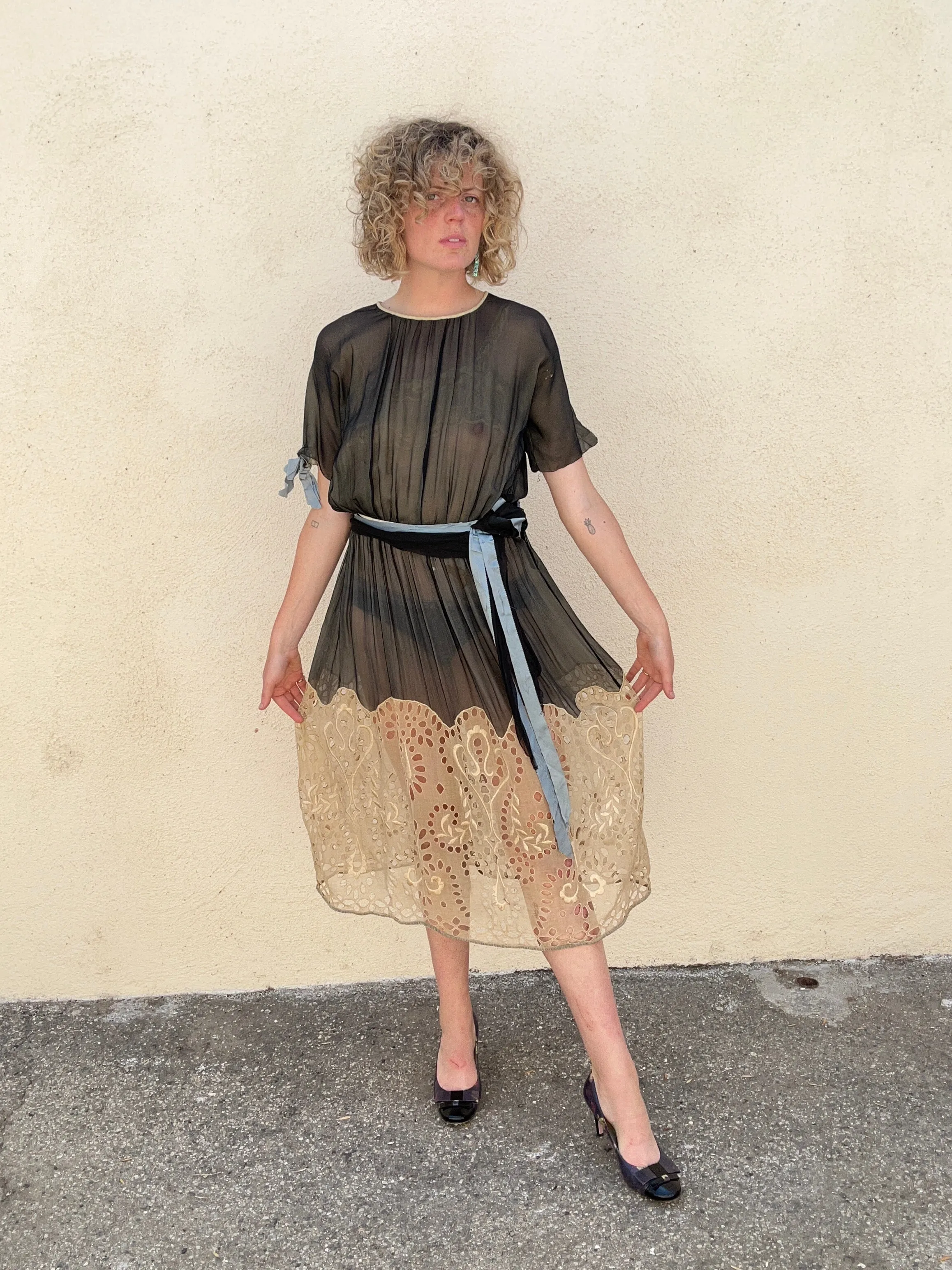 Victorian Black Crepe Silk Dress with Eyelet Lace Bottom