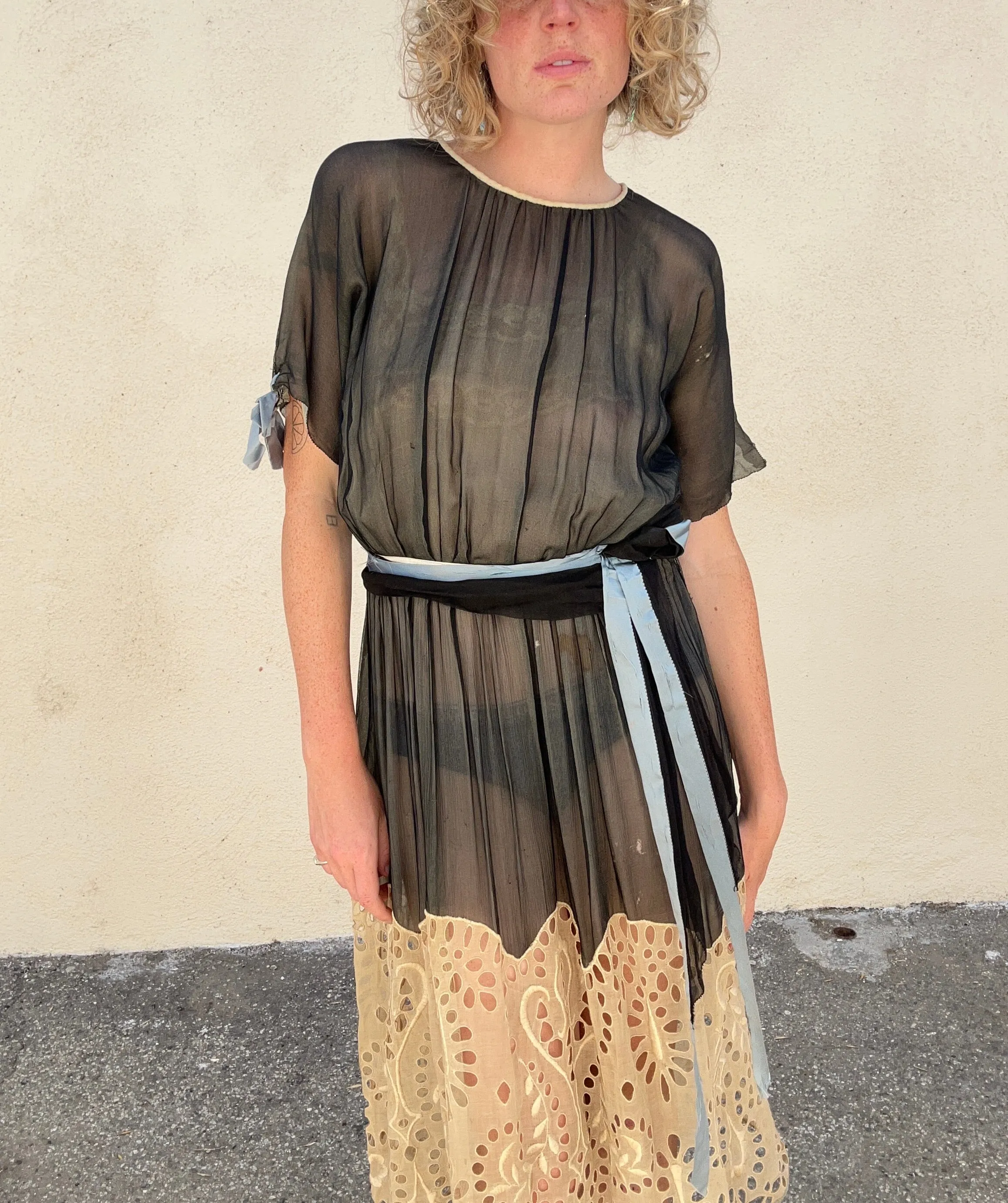 Victorian Black Crepe Silk Dress with Eyelet Lace Bottom