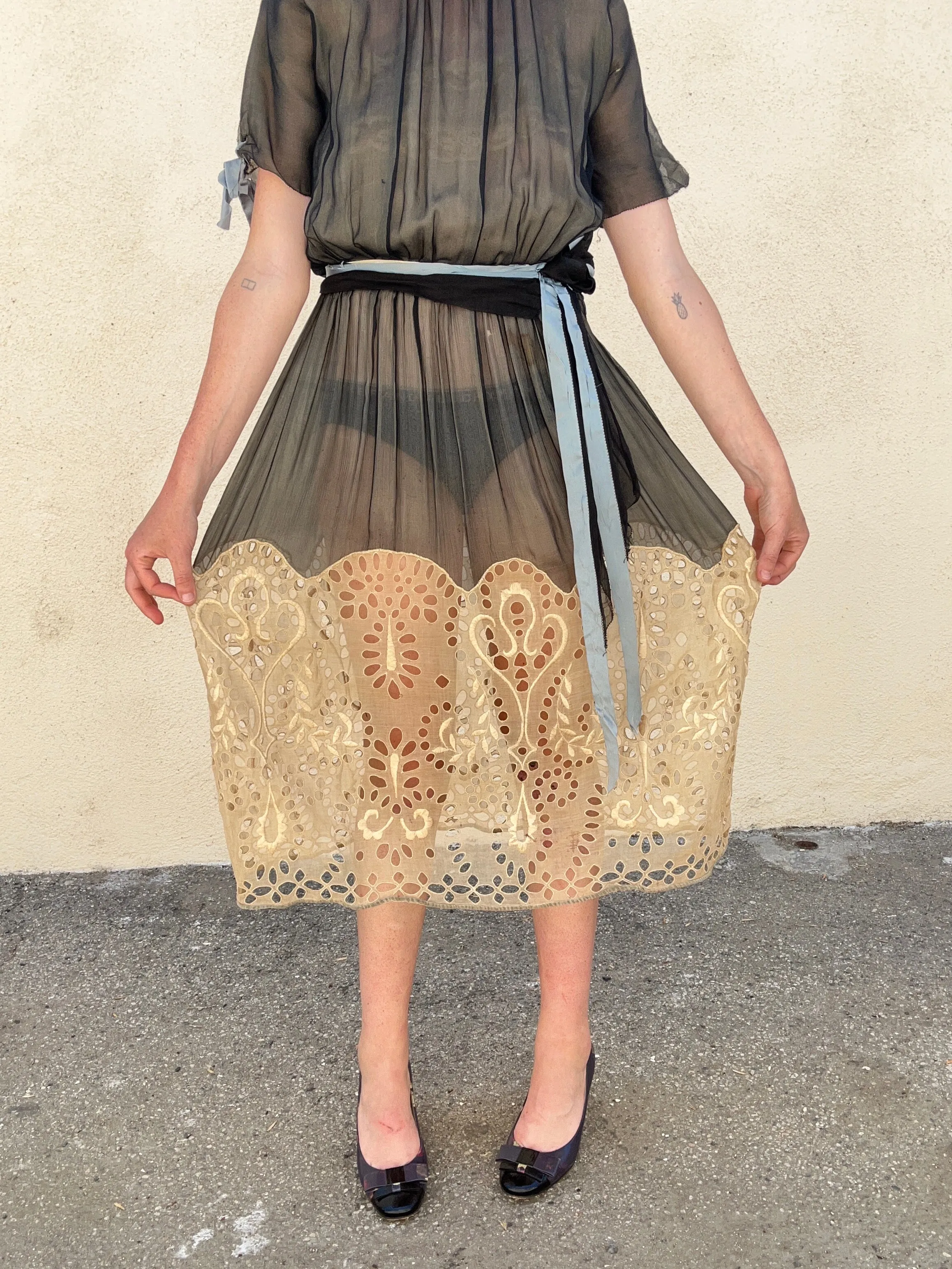 Victorian Black Crepe Silk Dress with Eyelet Lace Bottom