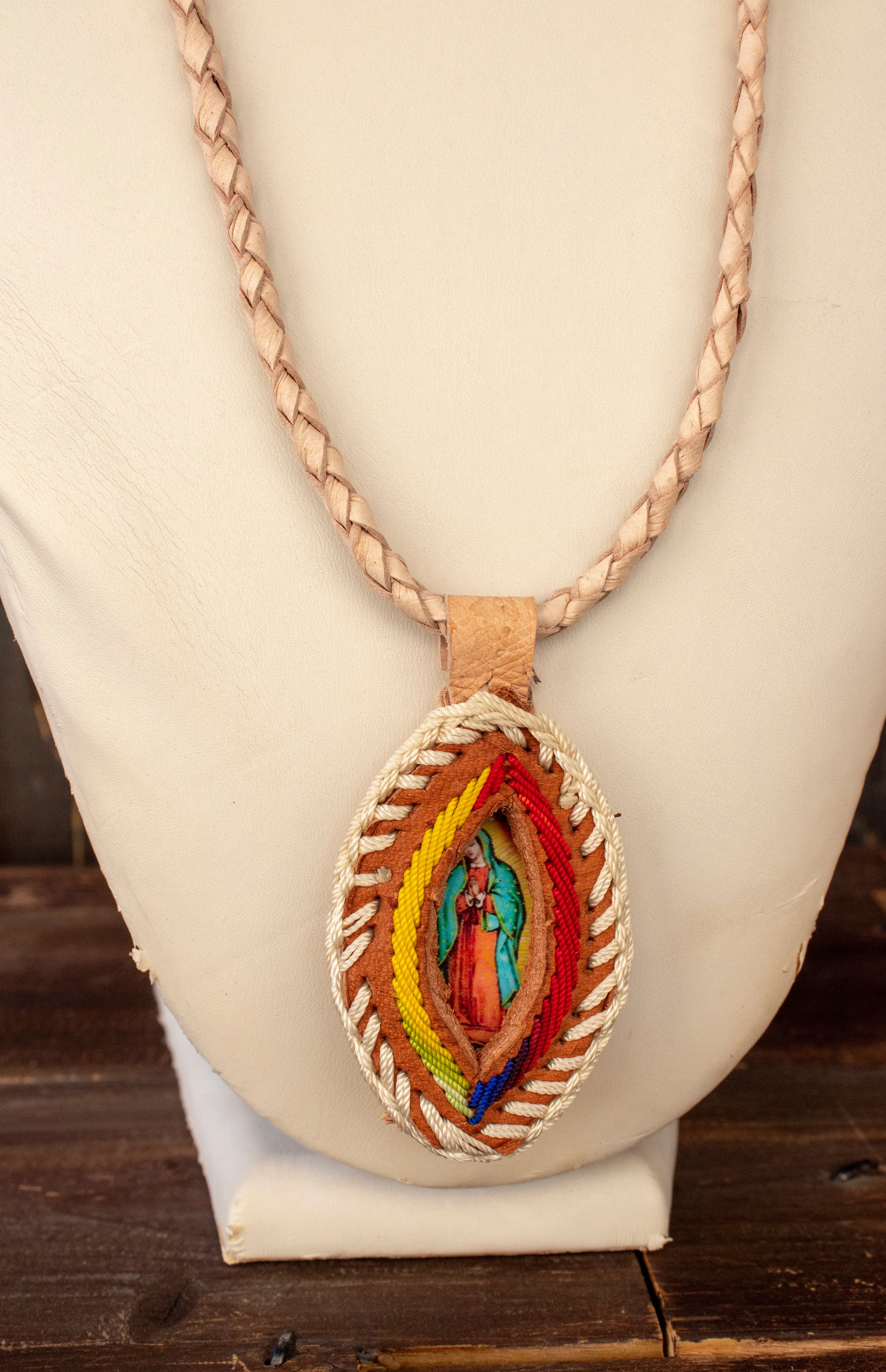 VIRGEN DE GUADALUPE VIRGIN MARY LEATHER HANDMADE NECKLACE PENDANT