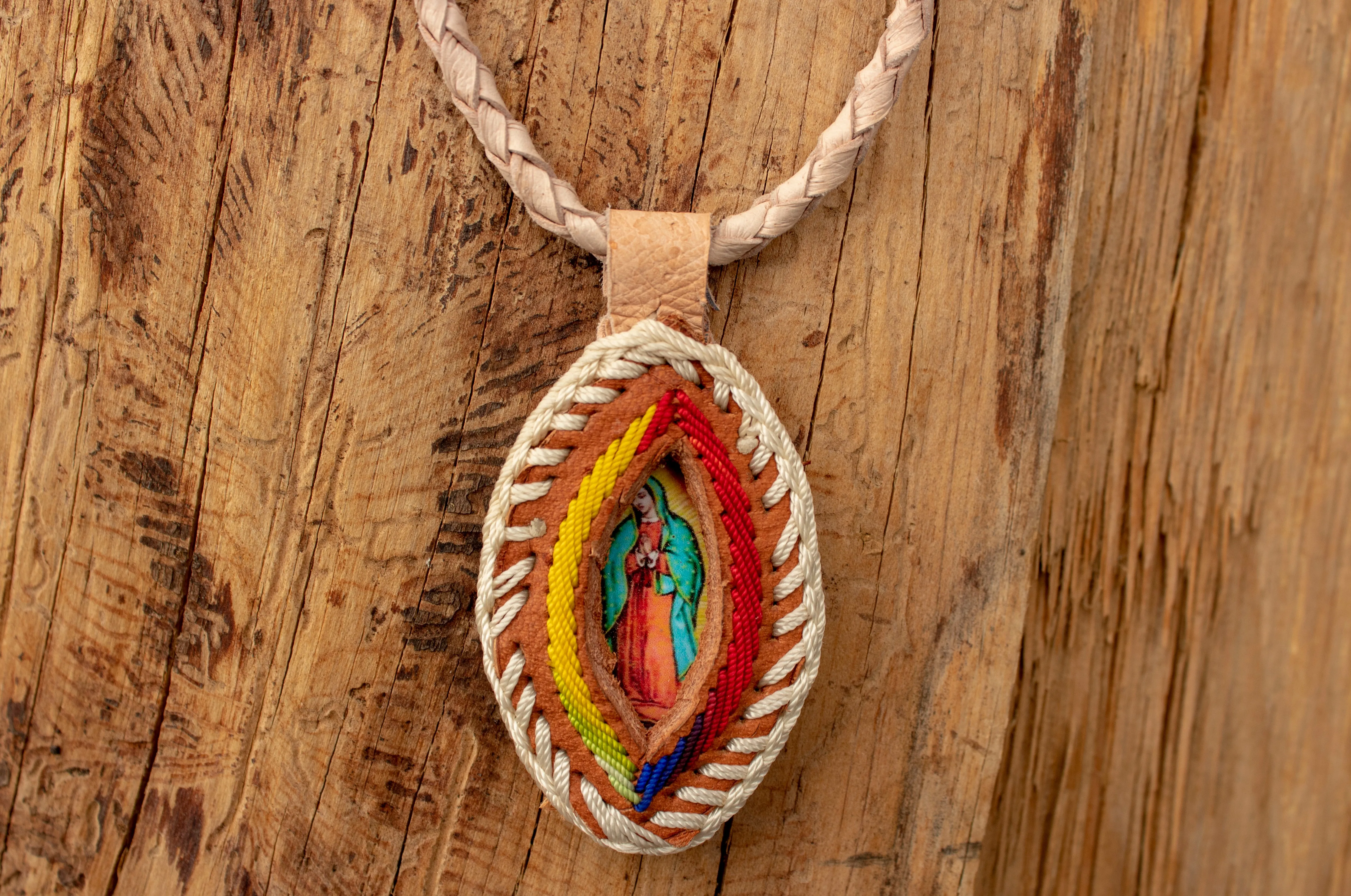VIRGEN DE GUADALUPE VIRGIN MARY LEATHER HANDMADE NECKLACE PENDANT