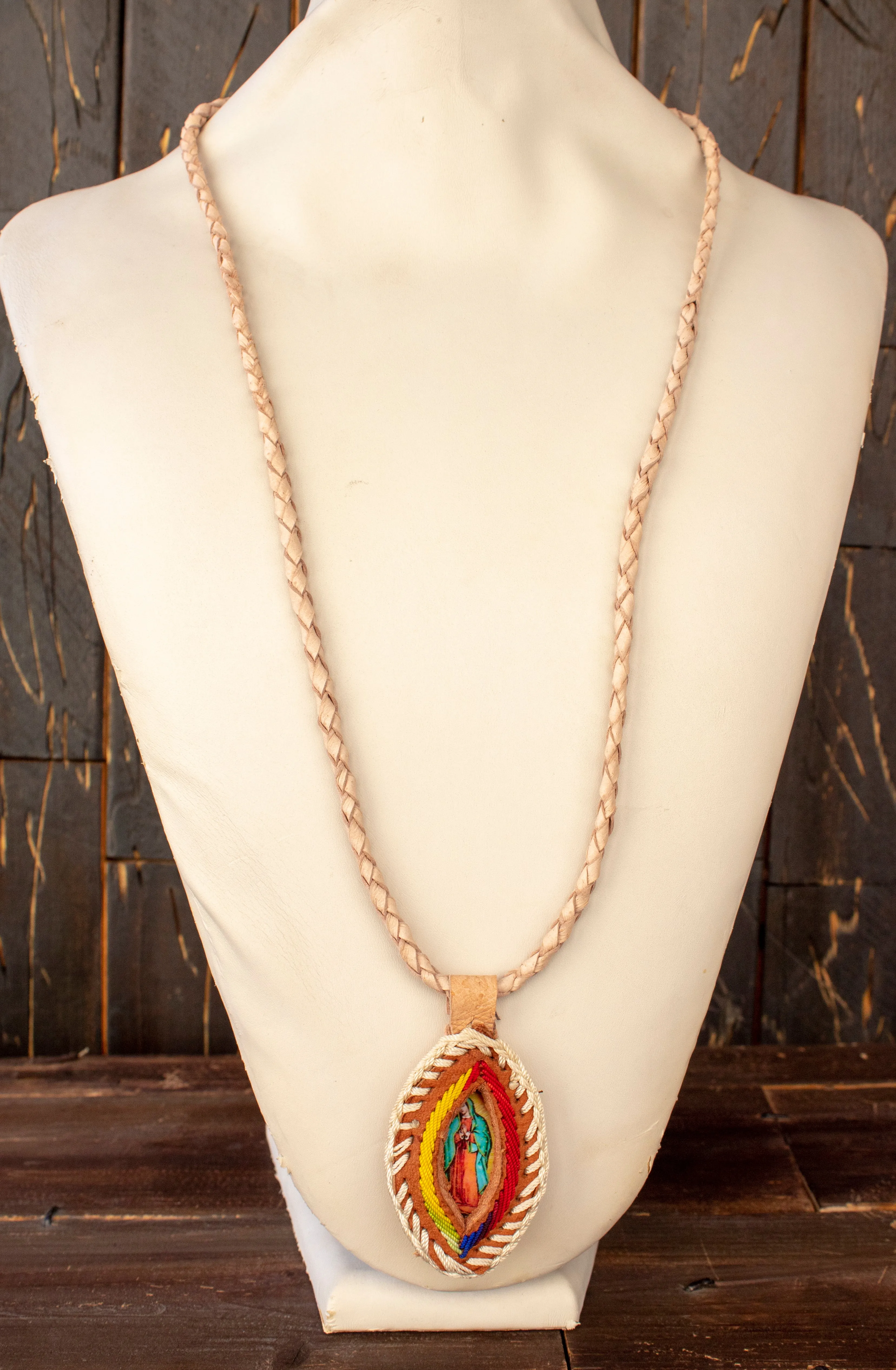 VIRGEN DE GUADALUPE VIRGIN MARY LEATHER HANDMADE NECKLACE PENDANT