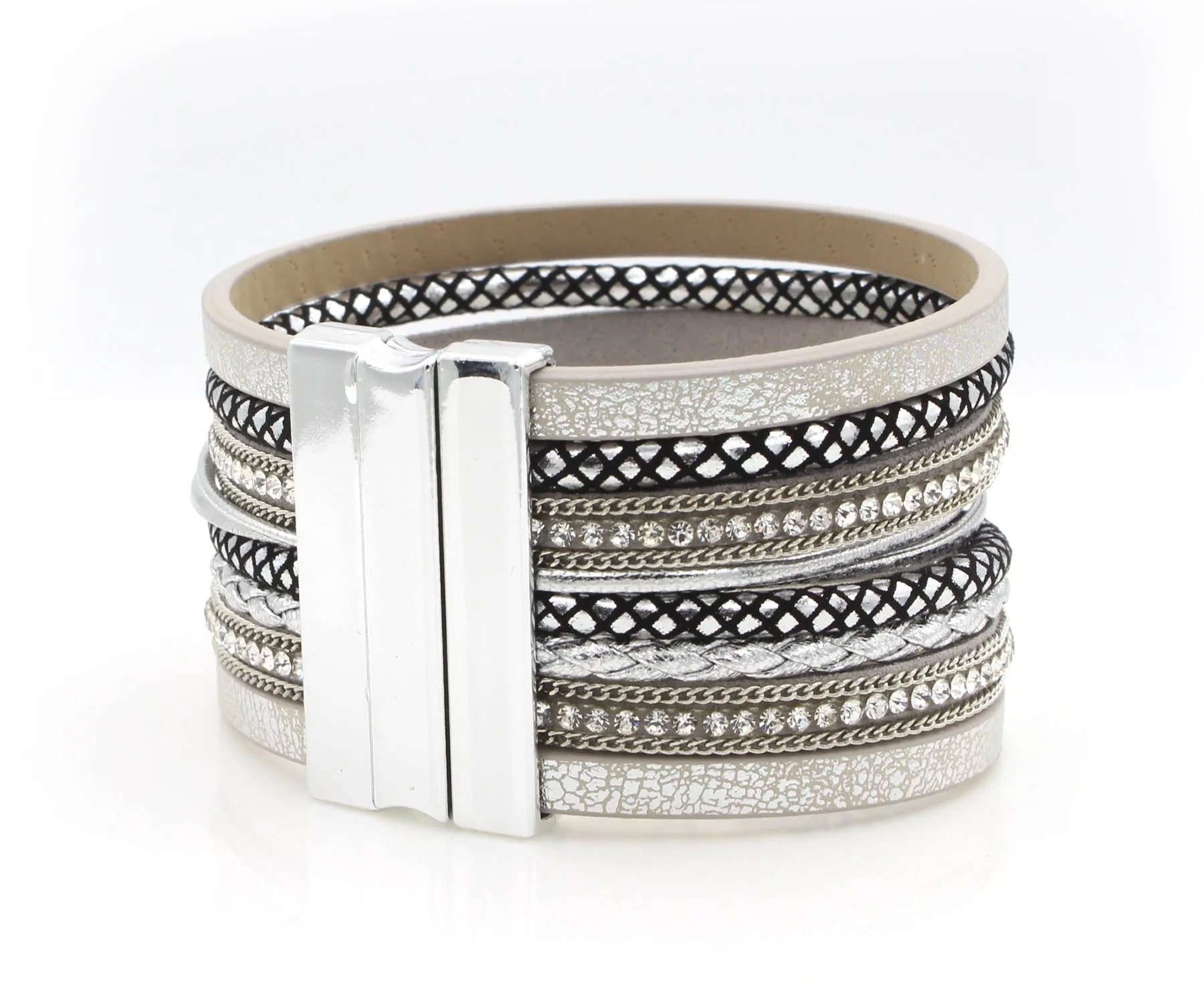 Wide Silver Sparkly Leather Pearl Bracelet