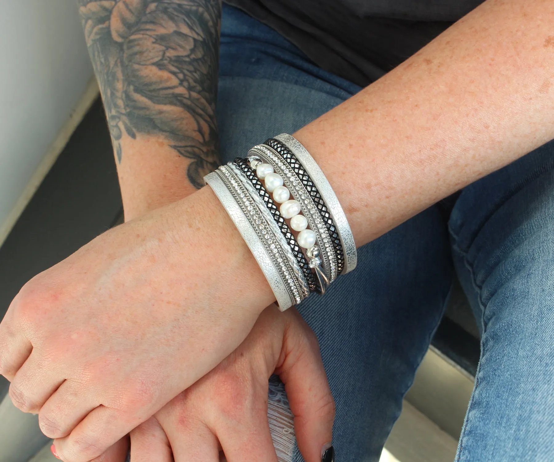 Wide Silver Sparkly Leather Pearl Bracelet