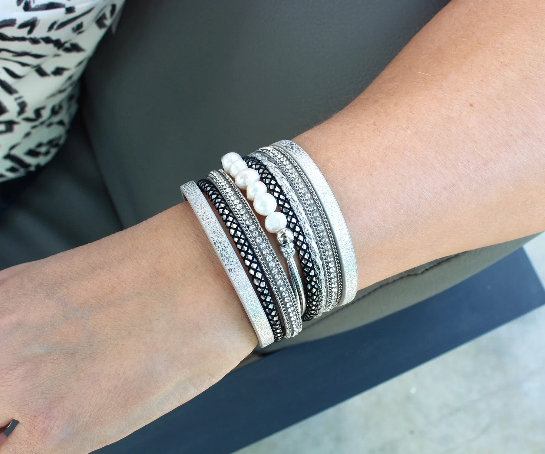 Wide Silver Sparkly Leather Pearl Bracelet
