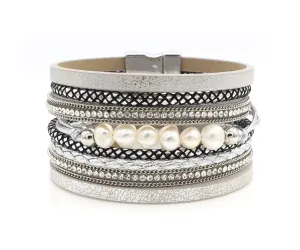 Wide Silver Sparkly Leather Pearl Bracelet