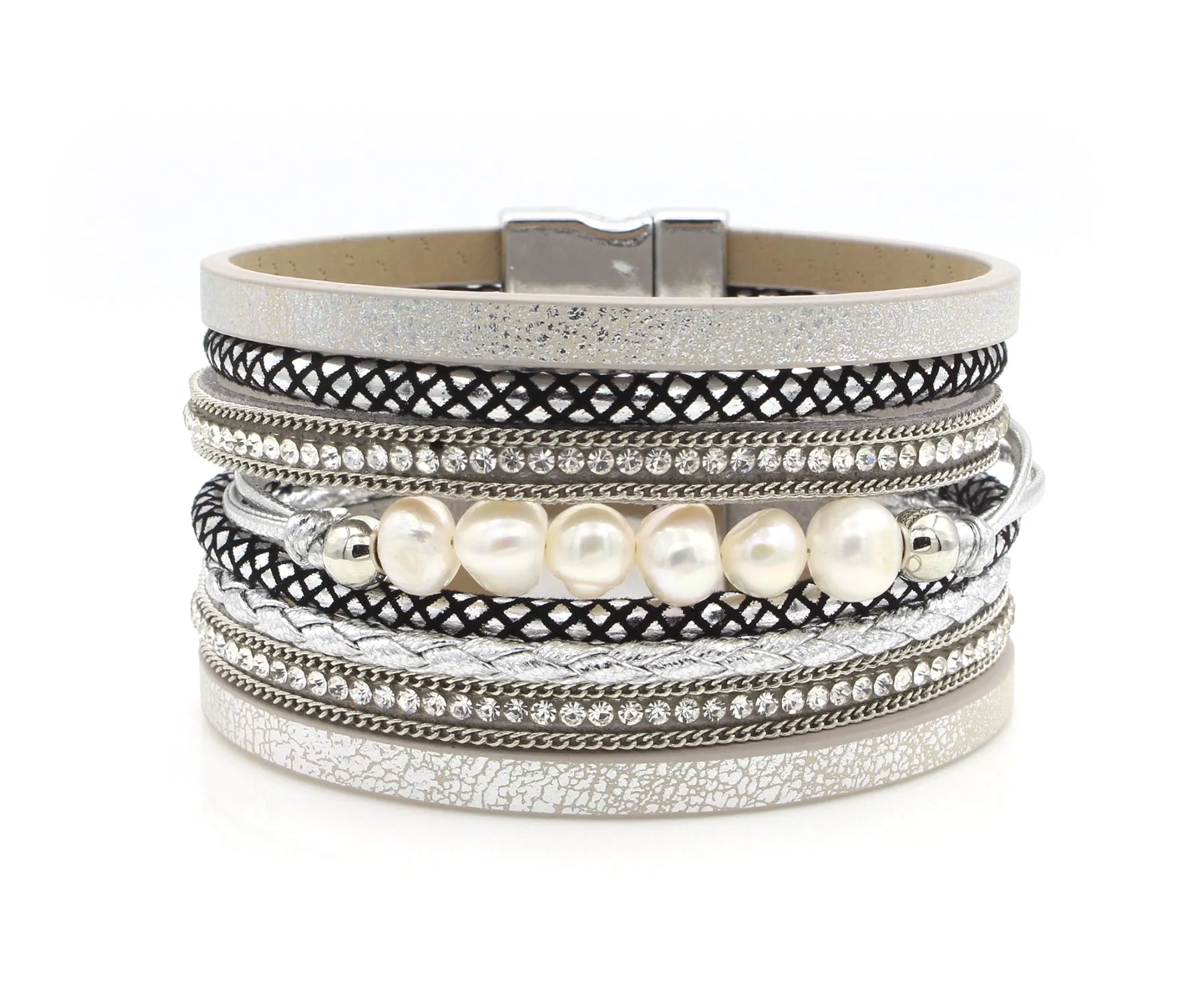 Wide Silver Sparkly Leather Pearl Bracelet