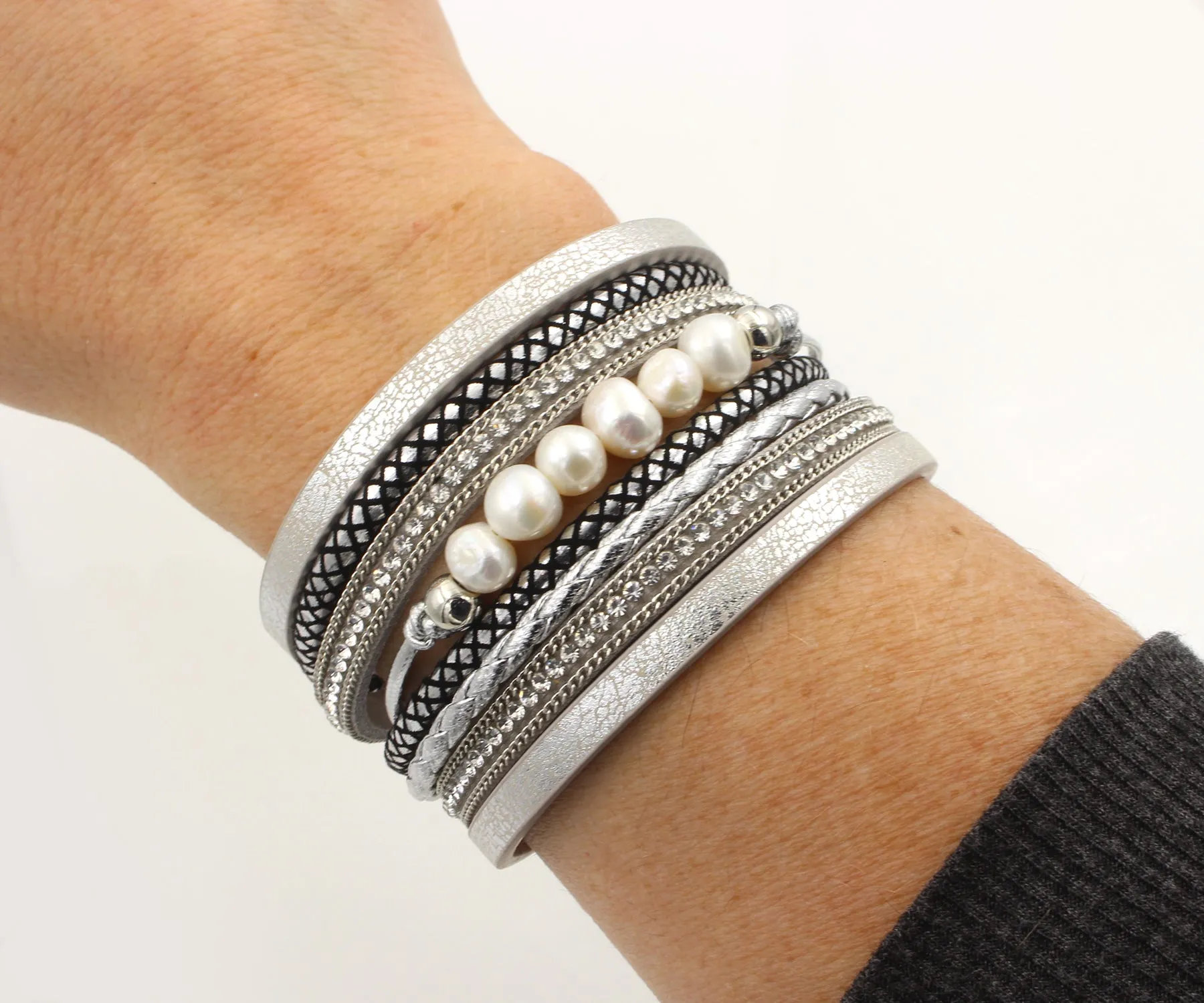 Wide Silver Sparkly Leather Pearl Bracelet