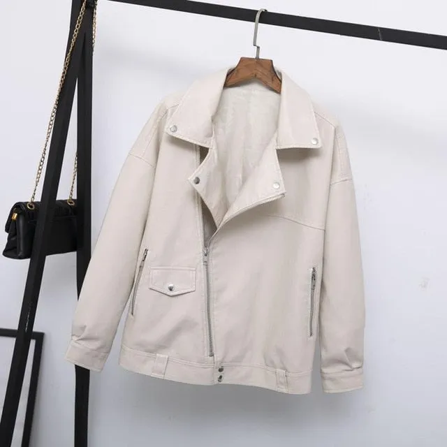 Women Faux Leather Jacket Casual Loose Soft Pu  Leather Coat