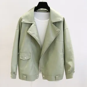 Women Faux Leather Jacket Casual Loose Soft Pu  Leather Coat