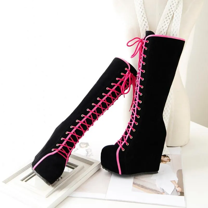 Women's Lace Up High Heel Platforms Boots