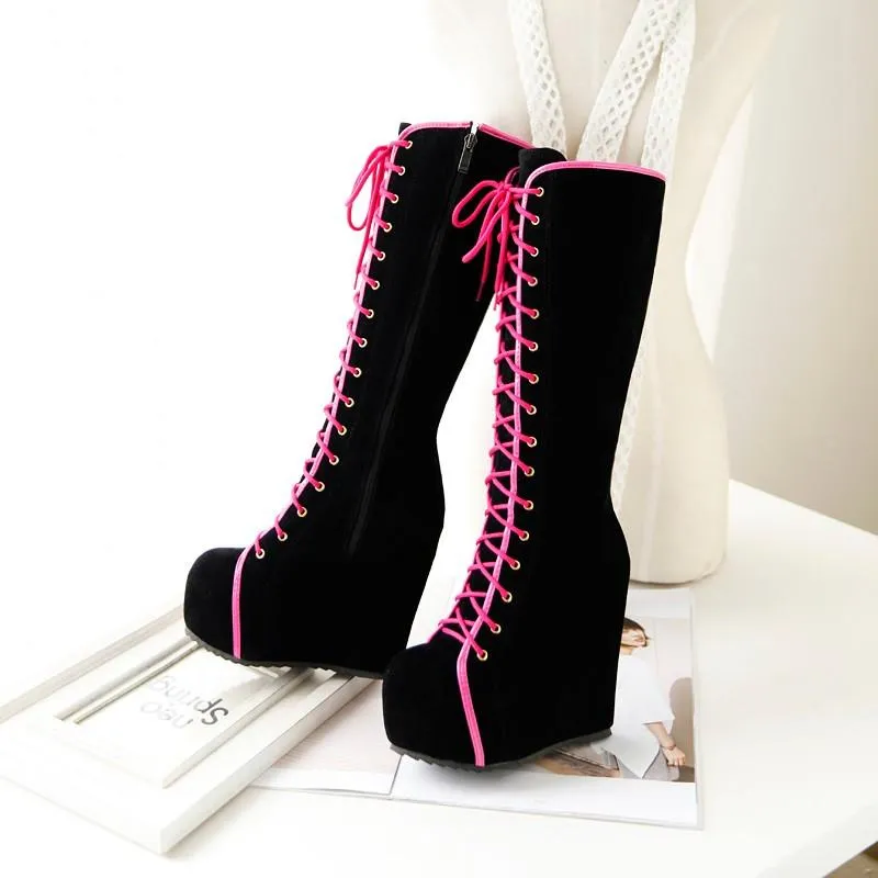 Women's Lace Up High Heel Platforms Boots